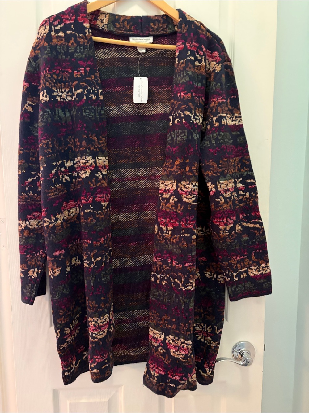Christopher & Banks Open-Front Multi-Pattern Cardigan — Green, Burgundy, Cream